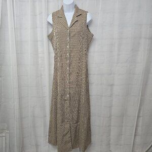 Brown Gingham Seersucker Sleeveless Shirt Dress Maxi Preppy Boho 40 M+